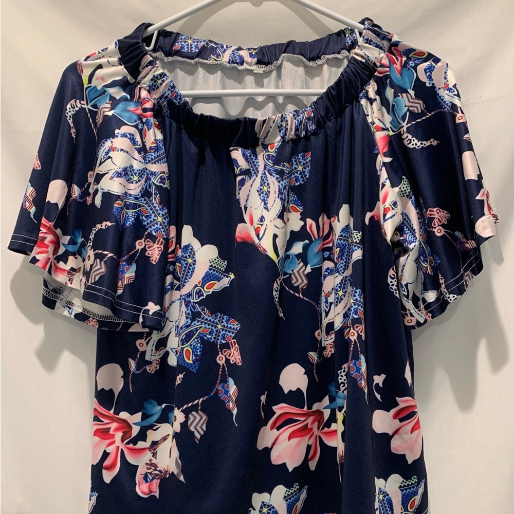 Women’s Blue Floral Knit On or Off Shoulder Top Size L